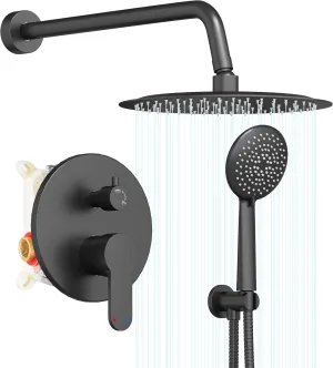 Gabrylly Shower System Black, Pressure Balance Shower Faucet Set, 10" Stainless Steel Rain Shower head with 5-Mode Handheld Shower Spray Combo,High Pressure Rainfall Shower Head Set, Matte Black