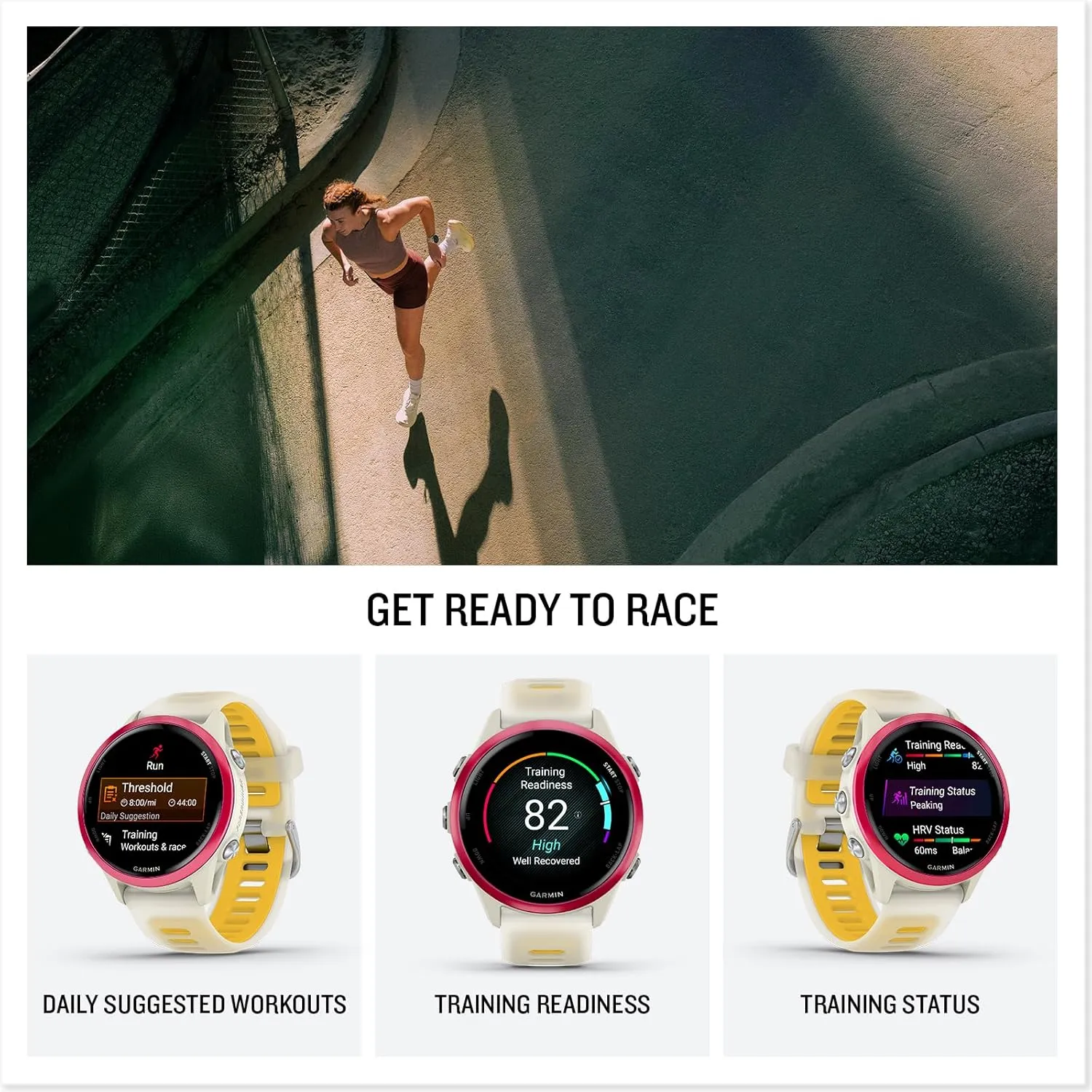 Garmin Forerunner 570 (42 mm, Raspberry/Translucent Bone/Mango) Running GPS Smartwatch - AMOLED Display, Training & Recovery - Bundle with PlayBetter Portable Charger & HD Screen Protectors