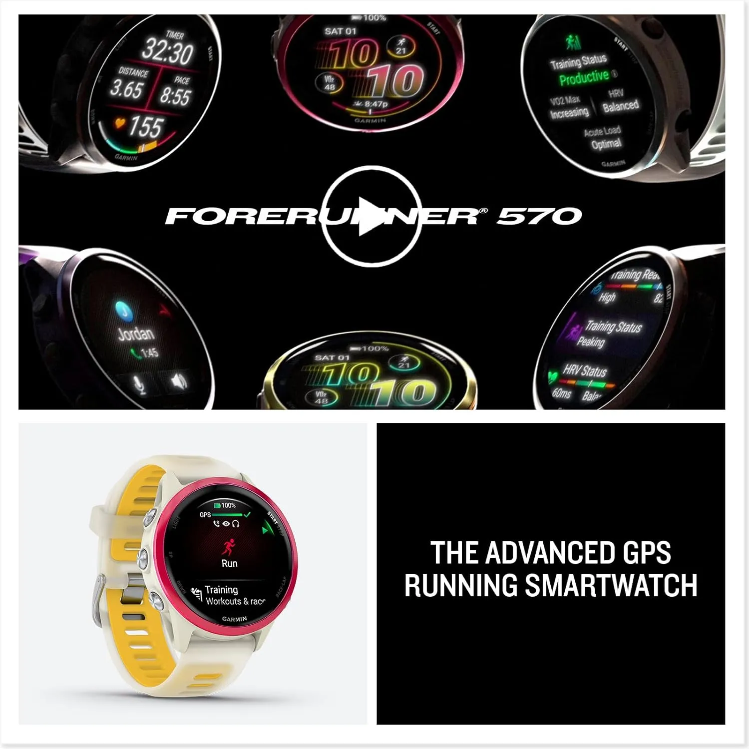 Garmin Forerunner 570 (42 mm, Raspberry/Translucent Bone/Mango) Running GPS Smartwatch - AMOLED Display, Training & Recovery - Bundle with PlayBetter Portable Charger & HD Screen Protectors