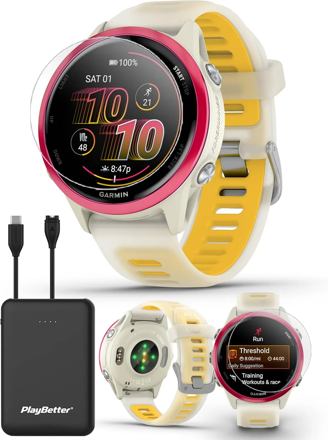Garmin Forerunner 570 (42 mm, Raspberry/Translucent Bone/Mango) Running GPS Smartwatch - AMOLED Display, Training & Recovery - Bundle with PlayBetter Portable Charger & HD Screen Protectors