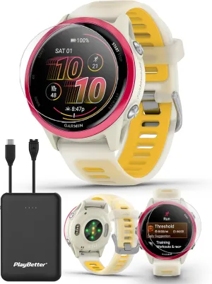 Garmin Forerunner 570 (42 mm, Raspberry/Translucent Bone/Mango) Running GPS Smartwatch - AMOLED Display, Training & Recovery - Bundle with PlayBetter Portable Charger & HD Screen Protectors