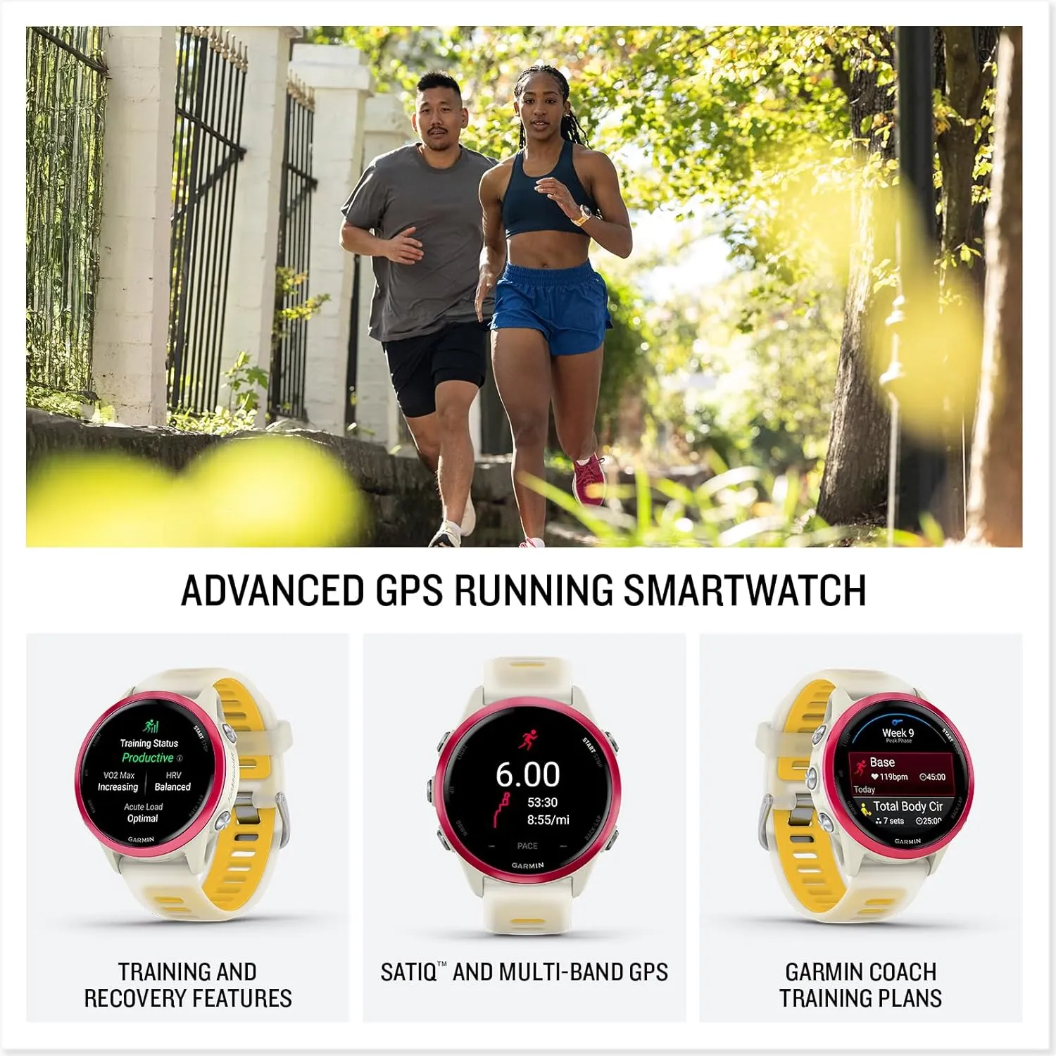 Garmin Forerunner 570 (42 mm, Raspberry/Translucent Bone/Mango) Running GPS Smartwatch - AMOLED Display, Training & Recovery - Bundle with PlayBetter Portable Charger & HD Screen Protectors