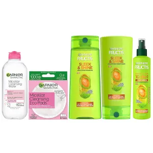 Garnier Back to School Bundle| Micellar Water (400mL), EcoPads, Fructis Sleek & Shine Shampoo (22 Fl Oz), Conditioner (21 Fl Oz)   10-in-1 (8.1 Fl Oz), 5-piece Set (Packaging May Vary)