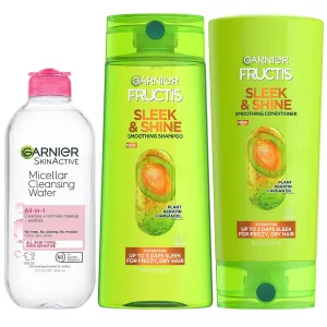 Garnier Back to School Bundle|Micellar Water (400mL)   Fructis Sleek & Shine Shampoo (22 Fl Oz), Conditioner (21 Fl Oz) (3 Items), 1 Kit (Packaging May Vary)