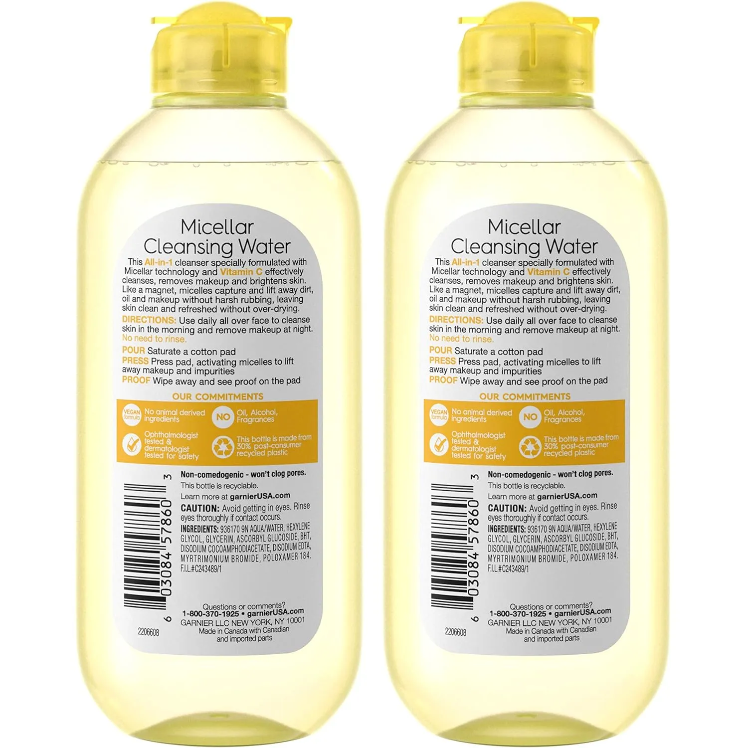 Garnier Micellar Water with Vitamin C, Facial Cleanser & Makeup Remover, Brightening & Hydrating, For All Skin Types, Vegan, Cruelty Free, 13.5 Fl Oz (400mL), 2 Count