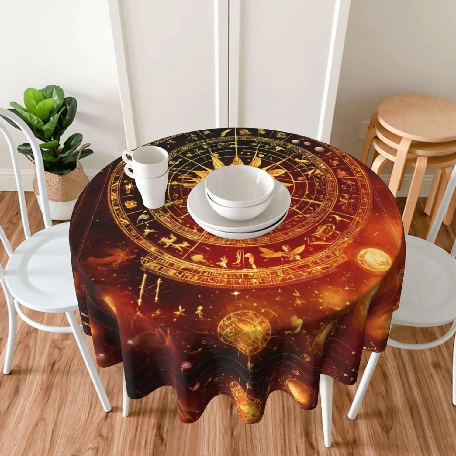Gears Clock Bronze Century Round Tablecloth,Waterproof Table Cover Table Protector for Outdoor and Kitchen Dining Room