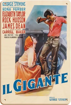 Giant (Il Gigante) - starring Elizabeth Taylor, Rock Hudson, and James Dean - Vintage Italian Movie Poster by Luigi Martinati c.1956-8 x 12 inch Vintage Wood Art Sign