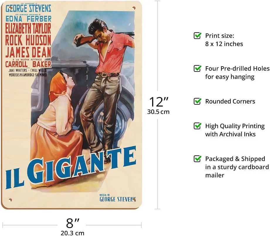 Giant (Il Gigante) - starring Elizabeth Taylor, Rock Hudson, and James Dean - Vintage Italian Movie Poster by Luigi Martinati c.1956-8 x 12 inch Vintage Wood Art Sign