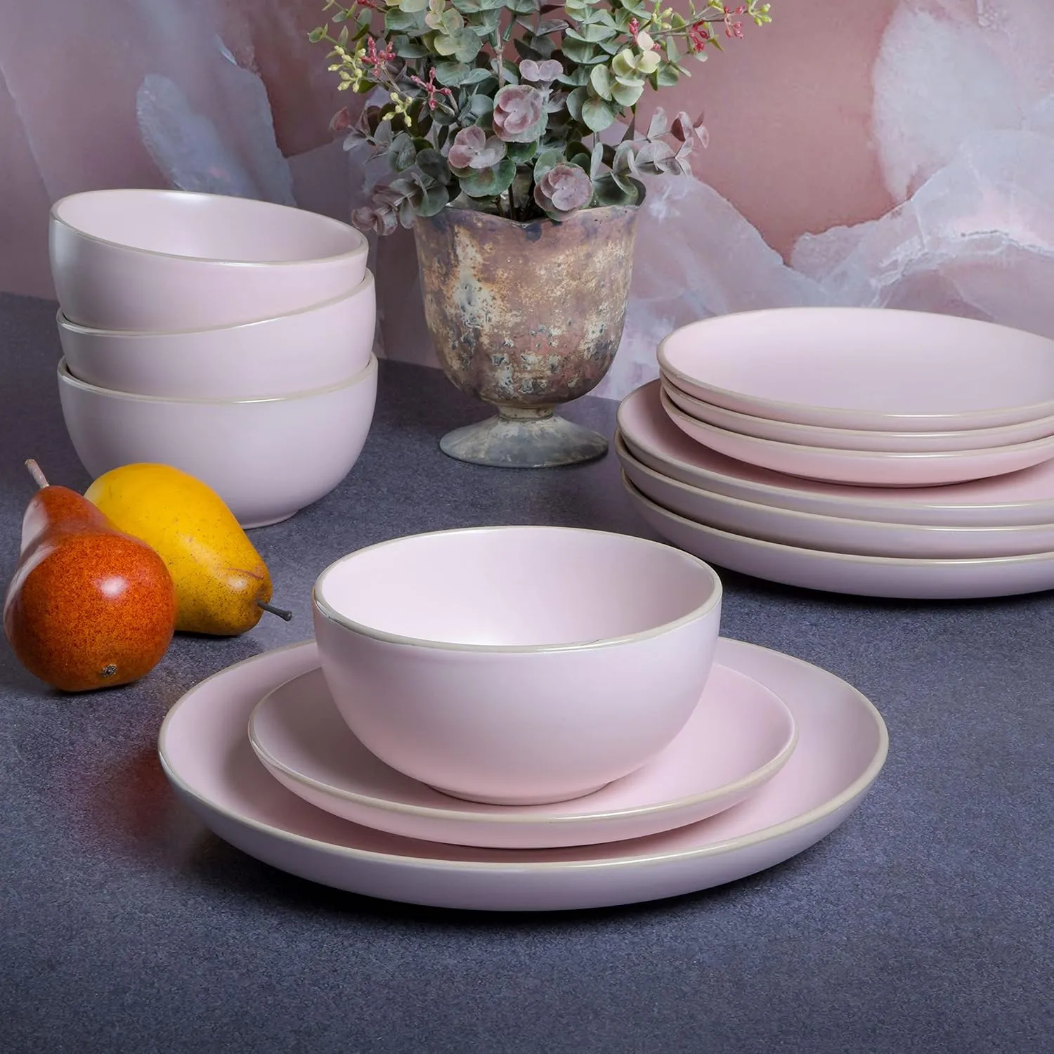 Gibson Home Rockaway Round Stoneware Dinnerware Set, Service for 4 (12pcs), Pink