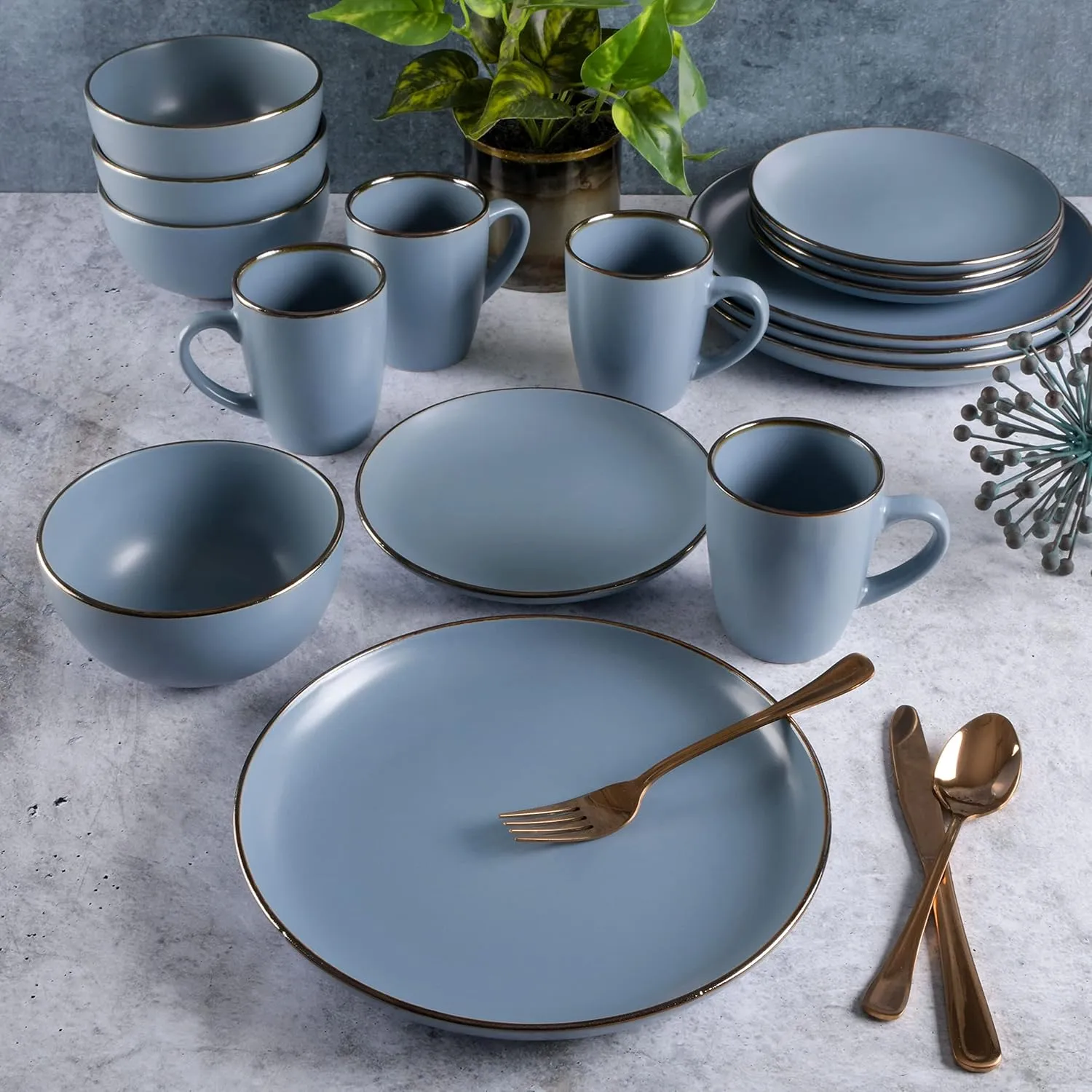 Gibson Home Rockaway Round Stoneware Dinnerware Set, Service for 4 (16pcs), Matte Blue