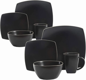 Gibson Elite 102261.16RM Soho Lounge 16 Piece Dinnerware Set for 4 Including Dinner Plates Dessert Plates and Mugs, Matte Black w/White Rims (2 Pack)