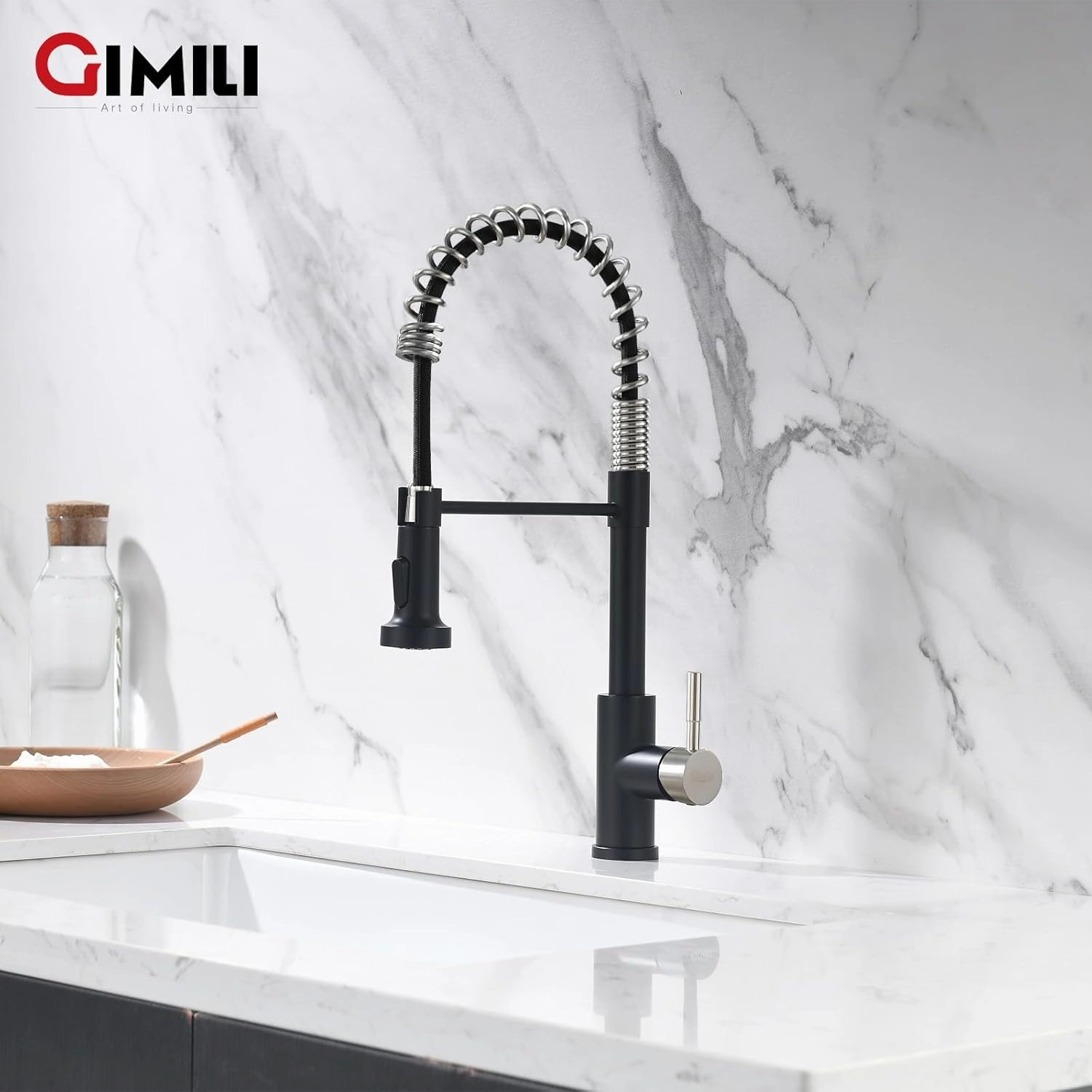 GIMILI Kitchen Faucet with Pull Down Sprayer Single Hole Stainless Steel Sink Faucet, Suitable for Farmhouses, RV, Laundry Room, Outdoor, and Campers. Llave para fregadero de cocina Black and Nickel