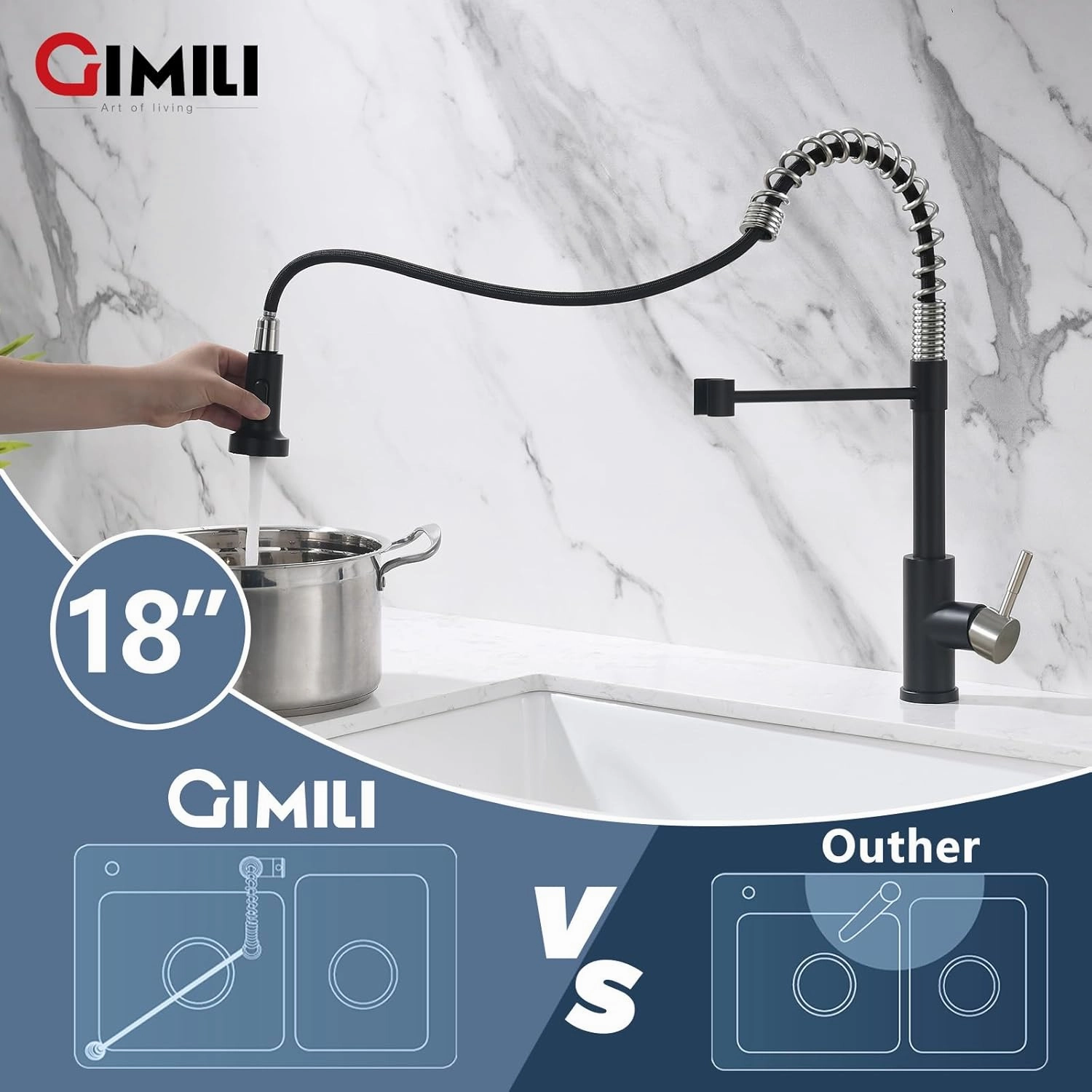 GIMILI Kitchen Faucet with Pull Down Sprayer Single Hole Stainless Steel Sink Faucet, Suitable for Farmhouses, RV, Laundry Room, Outdoor, and Campers. Llave para fregadero de cocina Black and Nickel