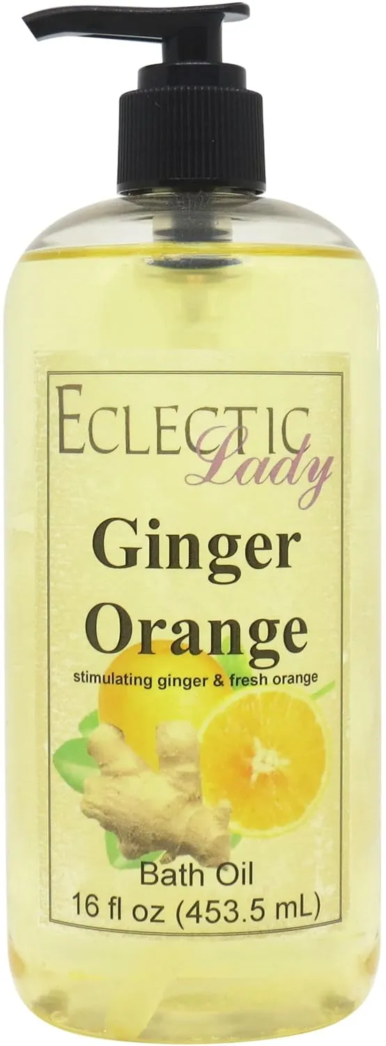 Ginger Orange Bath Oil by Eclectic Lady - Scented Bath Oil - Relaxing & Moisturizing Bathing Oil - Fragrance Body Oil For Dry & Rough Sensitive Skin - Body Daily Nourishing Shower Oil (16 oz)
