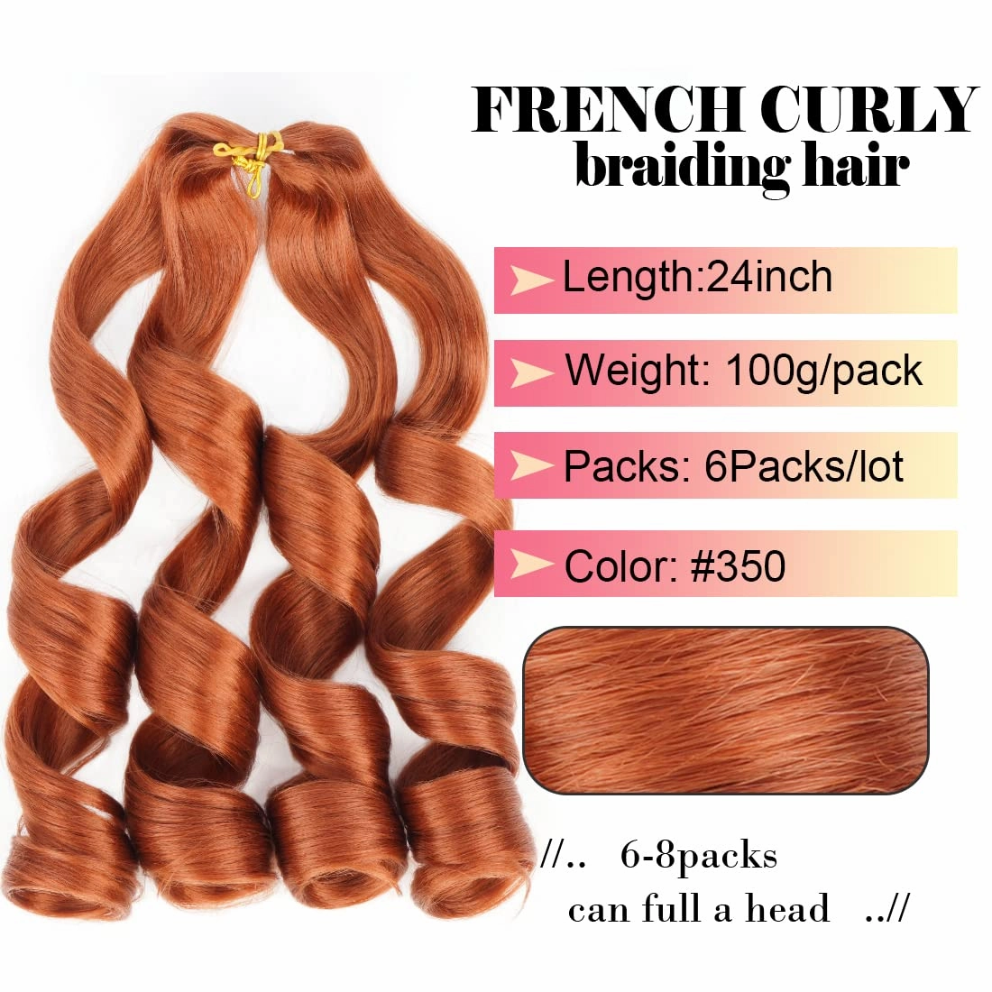 Ginger French Curl Braiding Hair 24 Inch Soft Ginger Braiding Hair Pre Stretched Loose Wave Bouncy 100g/pack Yaki Crochet Hair for Black Women Hair Extensions for Braids (#350)