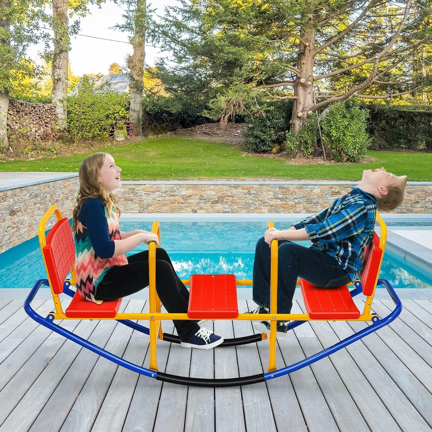 GLACER Teeter Totter Seesaw for Kids, 3-Person Metal Rocking Seesaw for Boys Girls Ages 3-8, 2 in 1 Indoor Outdoor Rocker Toy with Easy-Grip Handles, Playground Equipment for Backyard (Red)