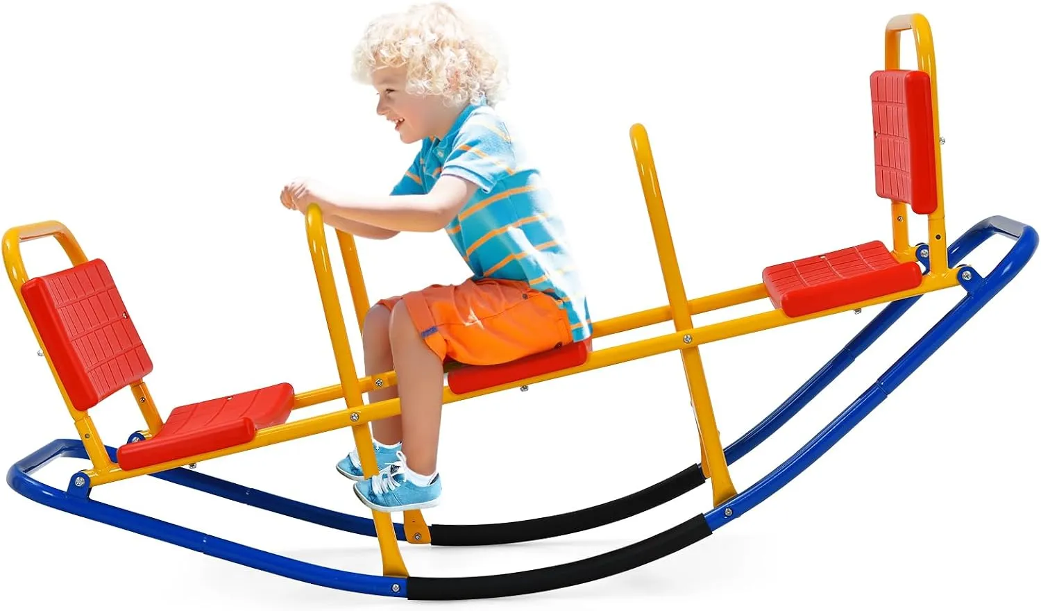 GLACER Teeter Totter Seesaw for Kids, 3-Person Metal Rocking Seesaw for Boys Girls Ages 3-8, 2 in 1 Indoor Outdoor Rocker Toy with Easy-Grip Handles, Playground Equipment for Backyard (Red)