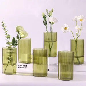 Glass Cylinder Bud vases for Centerpieces, 6 Inches Clear Ribbed Glass Vases Bulk for Wedding Table Decor,Floral Vase Bulk Flower vases,Tall Hurricane Candle Holder for Table Shelf, Party(Green)