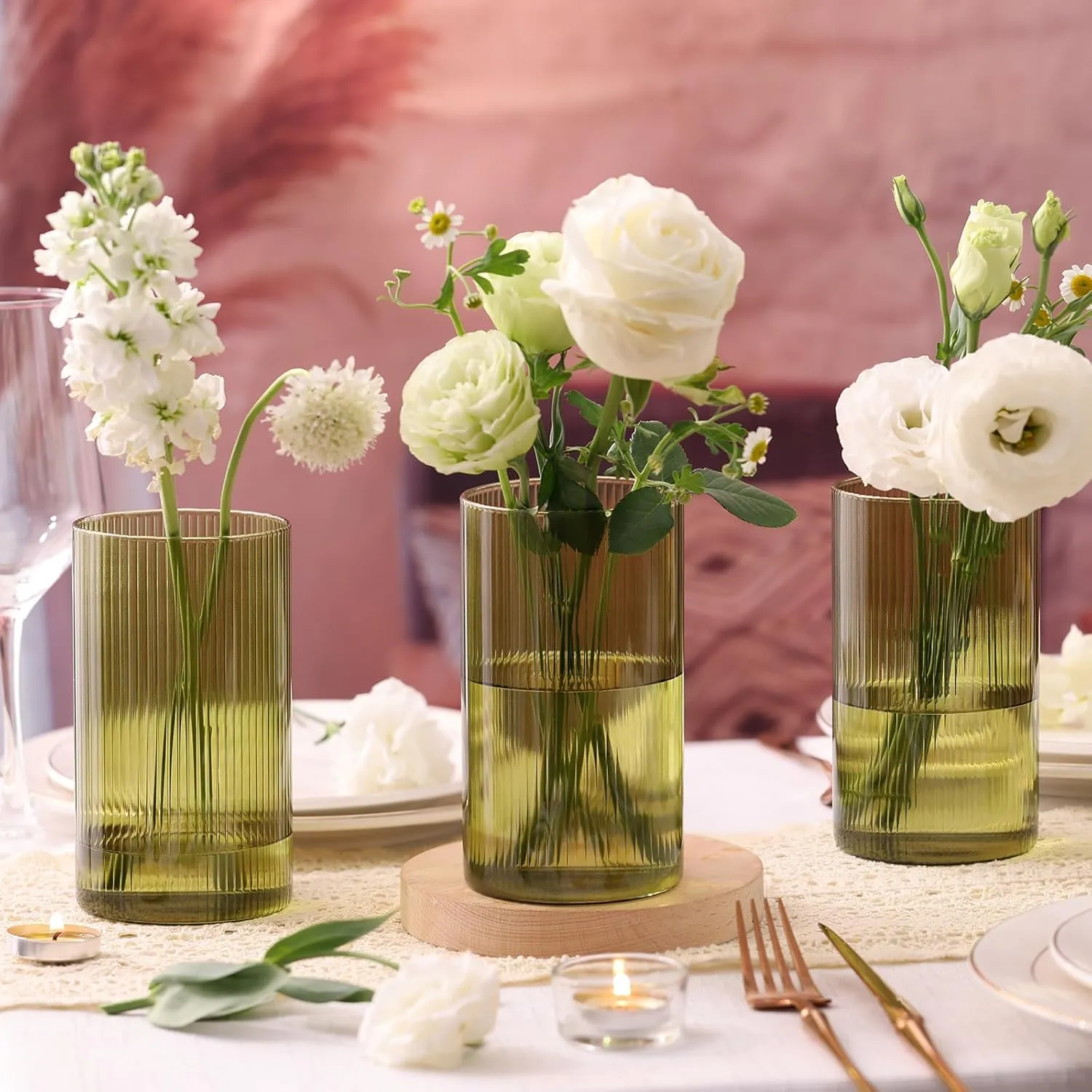 Glass Cylinder Bud vases for Centerpieces, 6 Inches Clear Ribbed Glass Vases Bulk for Wedding Table Decor,Floral Vase Bulk Flower vases,Tall Hurricane Candle Holder for Table Shelf, Party(Green)
