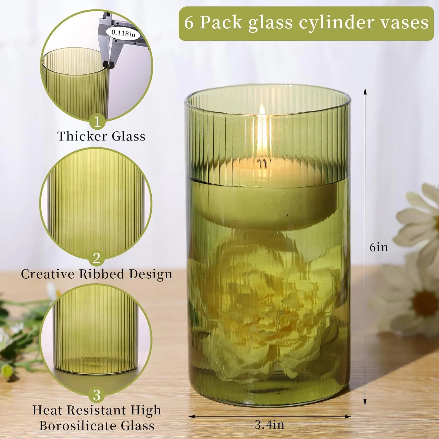 Glass Cylinder Bud vases for Centerpieces, 6 Inches Clear Ribbed Glass Vases Bulk for Wedding Table Decor,Floral Vase Bulk Flower vases,Tall Hurricane Candle Holder for Table Shelf, Party(Green)