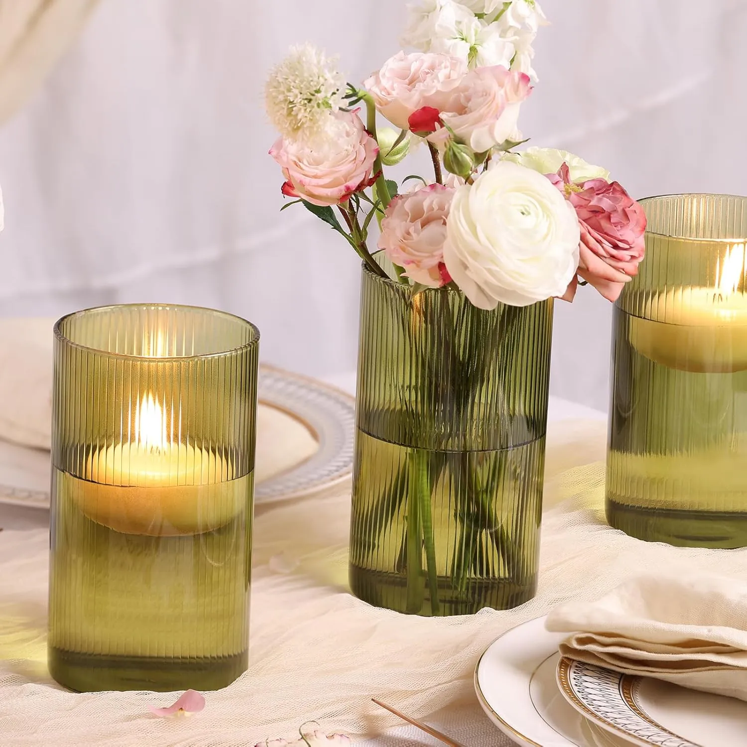 Glass Cylinder Bud vases for Centerpieces, 6 Inches Clear Ribbed Glass Vases Bulk for Wedding Table Decor,Floral Vase Bulk Flower vases,Tall Hurricane Candle Holder for Table Shelf, Party(Green)