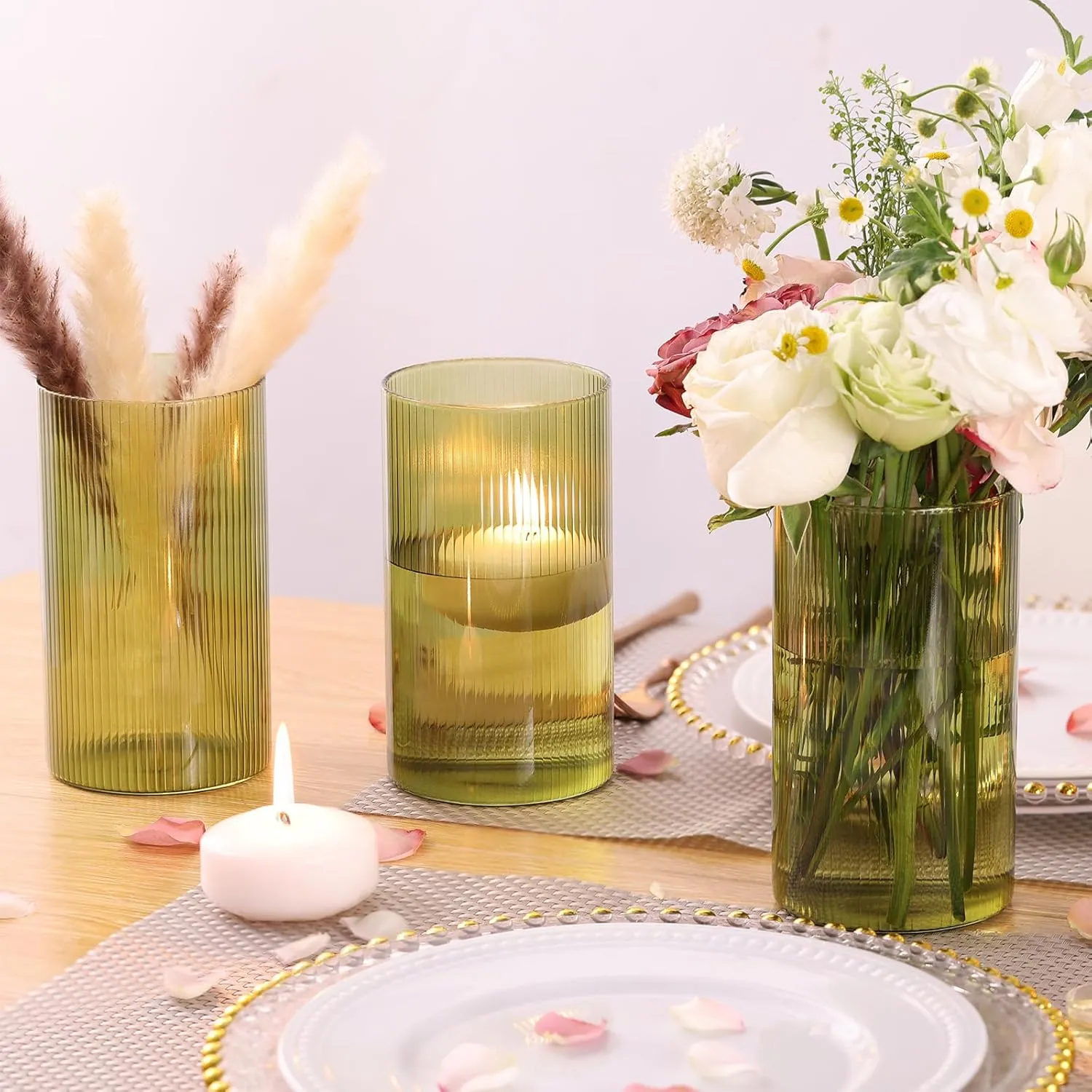 Glass Cylinder Bud vases for Centerpieces, 6 Inches Clear Ribbed Glass Vases Bulk for Wedding Table Decor,Floral Vase Bulk Flower vases,Tall Hurricane Candle Holder for Table Shelf, Party(Green)