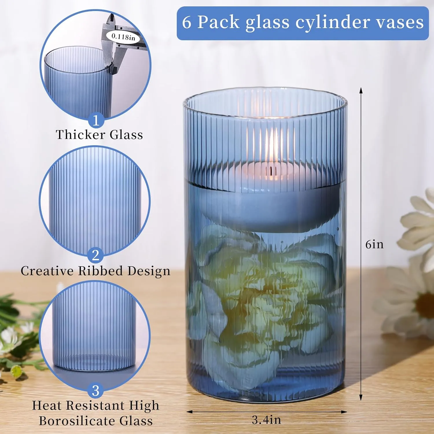 Glass Cylinder Vases,Bud Vase for Wedding Centerpieces,6 Inch Tall Ribbed Vase Hurricane Floating Candle Holder,Decorative Flower Vases for Wedding Reception,Home Decor,Housewarming Gift (Blue)