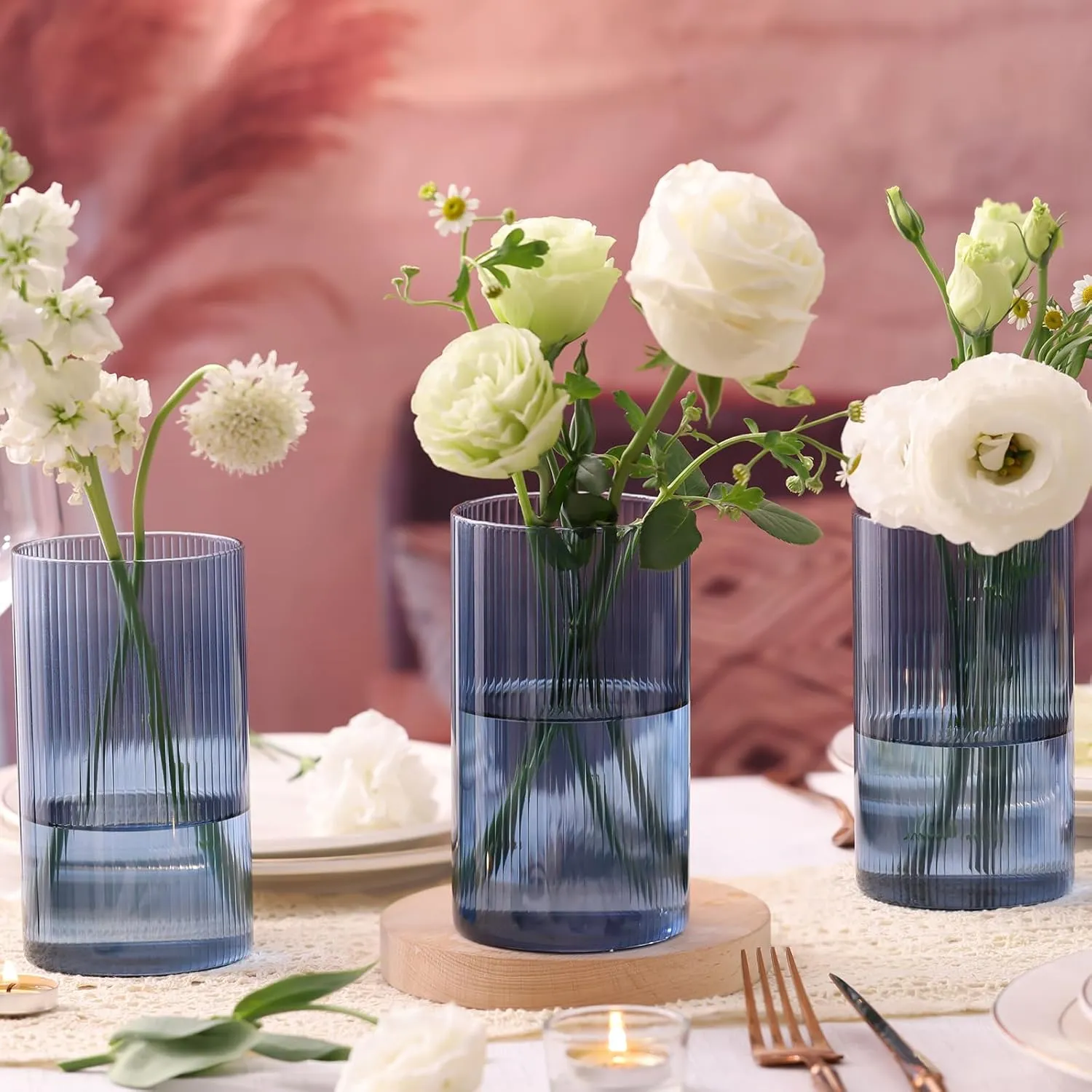 Glass Cylinder Vases,Bud Vase for Wedding Centerpieces,6 Inch Tall Ribbed Vase Hurricane Floating Candle Holder,Decorative Flower Vases for Wedding Reception,Home Decor,Housewarming Gift (Blue)