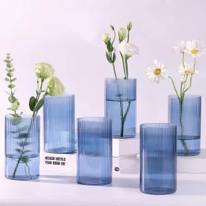 Glass Cylinder Vases,Bud Vase for Wedding Centerpieces,6 Inch Tall Ribbed Vase Hurricane Floating Candle Holder,Decorative Flower Vases for Wedding Reception,Home Decor,Housewarming Gift (Blue)