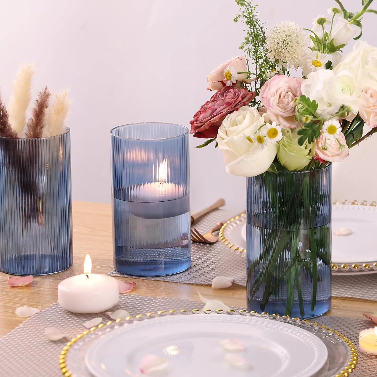 Glass Cylinder Vases,Bud Vase for Wedding Centerpieces,6 Inch Tall Ribbed Vase Hurricane Floating Candle Holder,Decorative Flower Vases for Wedding Reception,Home Decor,Housewarming Gift (Blue)