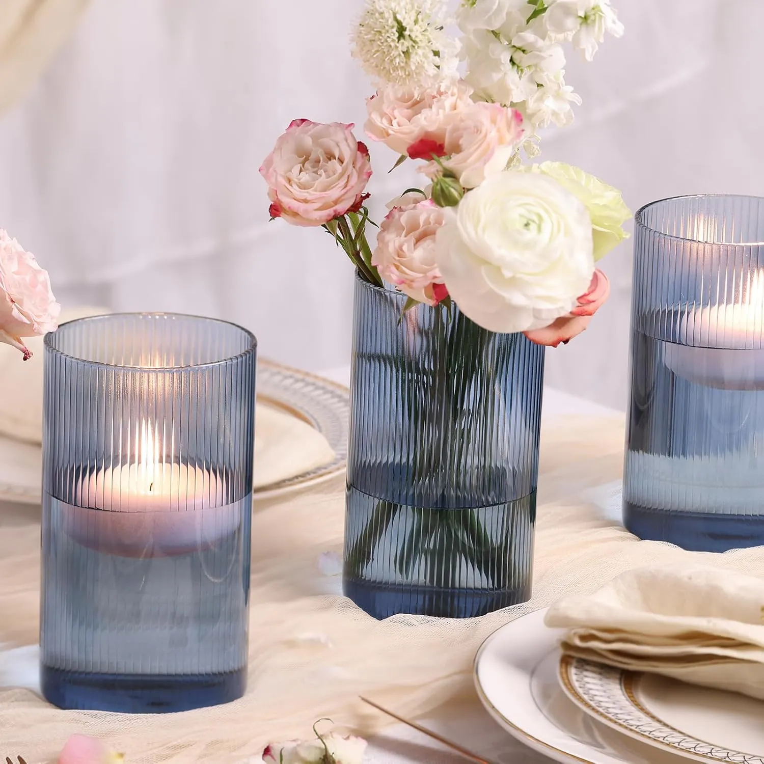 Glass Cylinder Vases,Bud Vase for Wedding Centerpieces,6 Inch Tall Ribbed Vase Hurricane Floating Candle Holder,Decorative Flower Vases for Wedding Reception,Home Decor,Housewarming Gift (Blue)