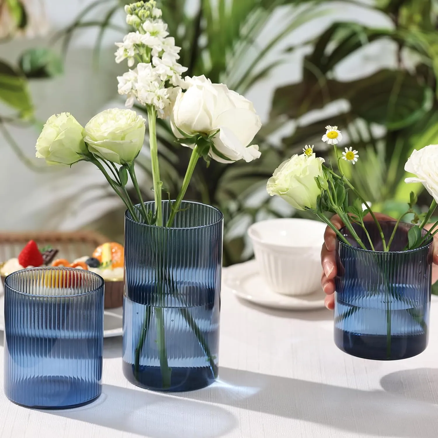 Glass Cylinder Vases,Bud Vase for Wedding Centerpieces,6 Inch Tall Ribbed Vase Hurricane Floating Candle Holder,Decorative Flower Vases for Wedding Reception,Home Decor,Housewarming Gift (Blue)