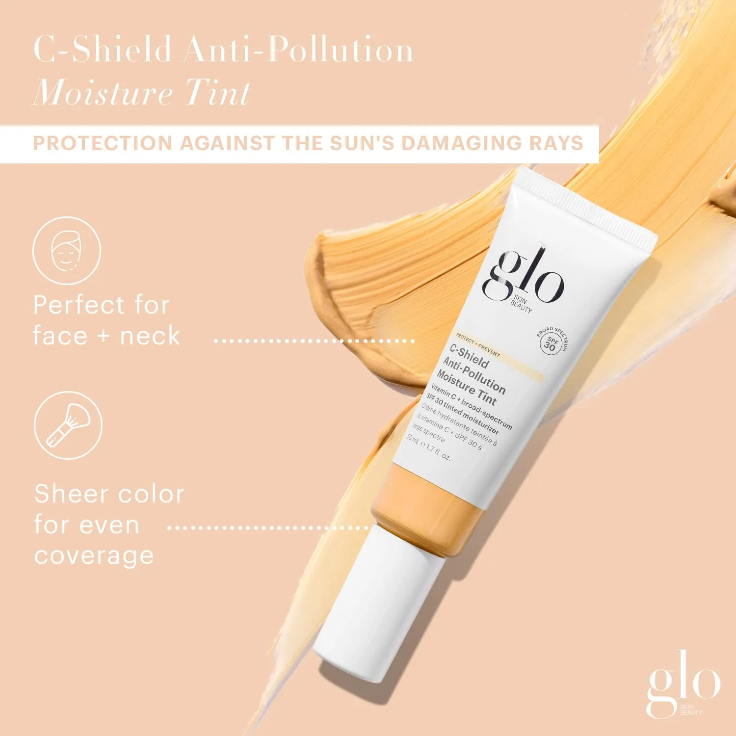 Glo Skin Beauty C-Shield Anti-Pollution Moisture Tint - Tinted Moisturizer With SPF 30 for Face, Broad Spectrum Protection & Vitamin C, 1.7 Oz (3W-Light)