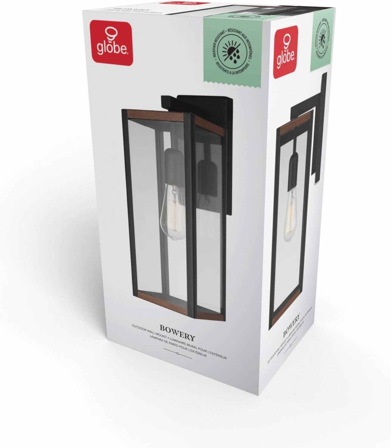 GLOBE Electric 44681 1-Light Outdoor Indoor Wall Sconce, Matte Black, Faux Wood Accents, Clear Glass Shade, Back Porch Lights, Front Patio, Garage Fixture, Exterior Lighting for House