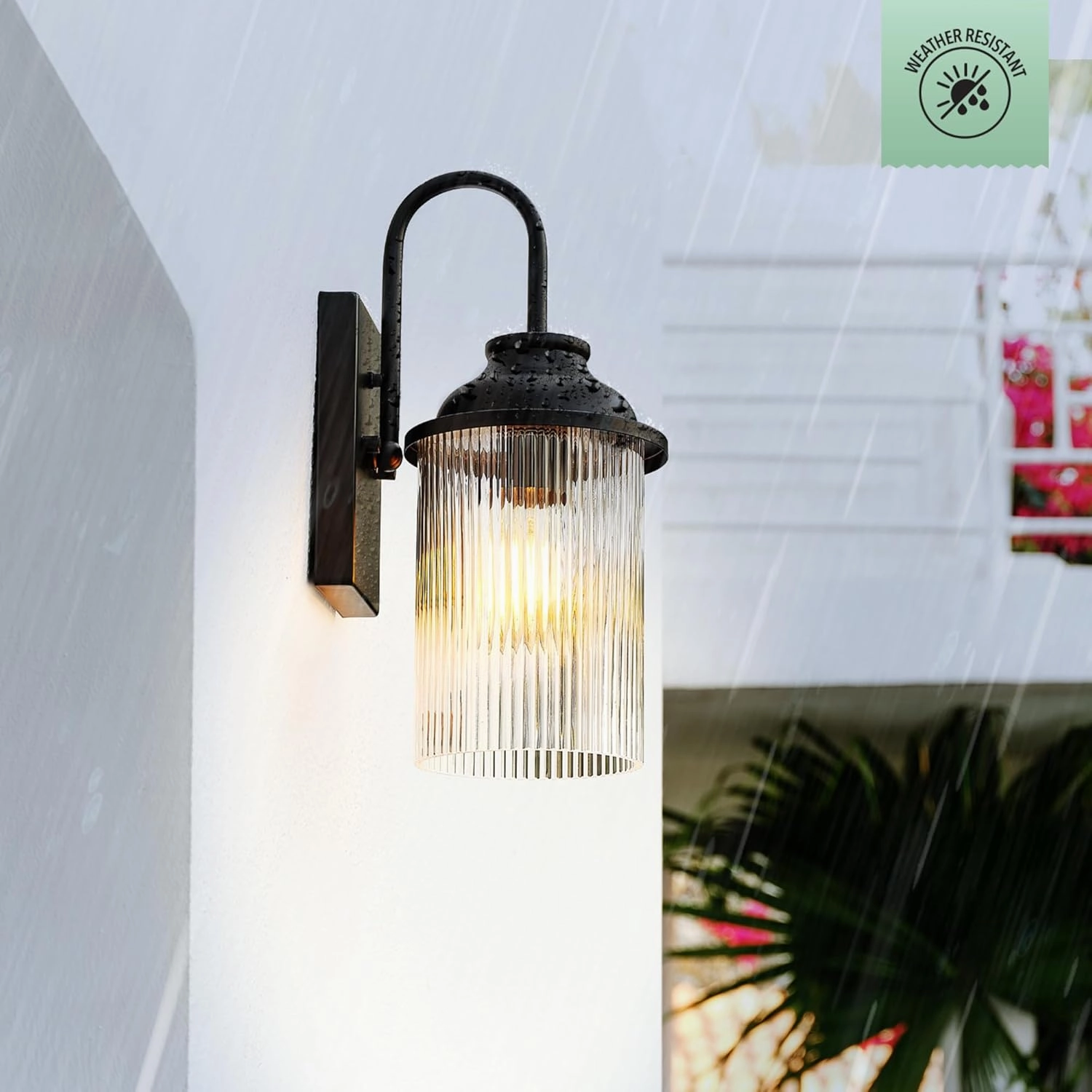 GLOBE Electric 60000027 1-Light Outdoor Wall Sconce, Matte Black, Ribbed Glass Shade, E26 Bulb, Outdoor Lighting Modern, Front Porch Décor, Wall Lighting, Outdoor Light Fixture, Patio Décor