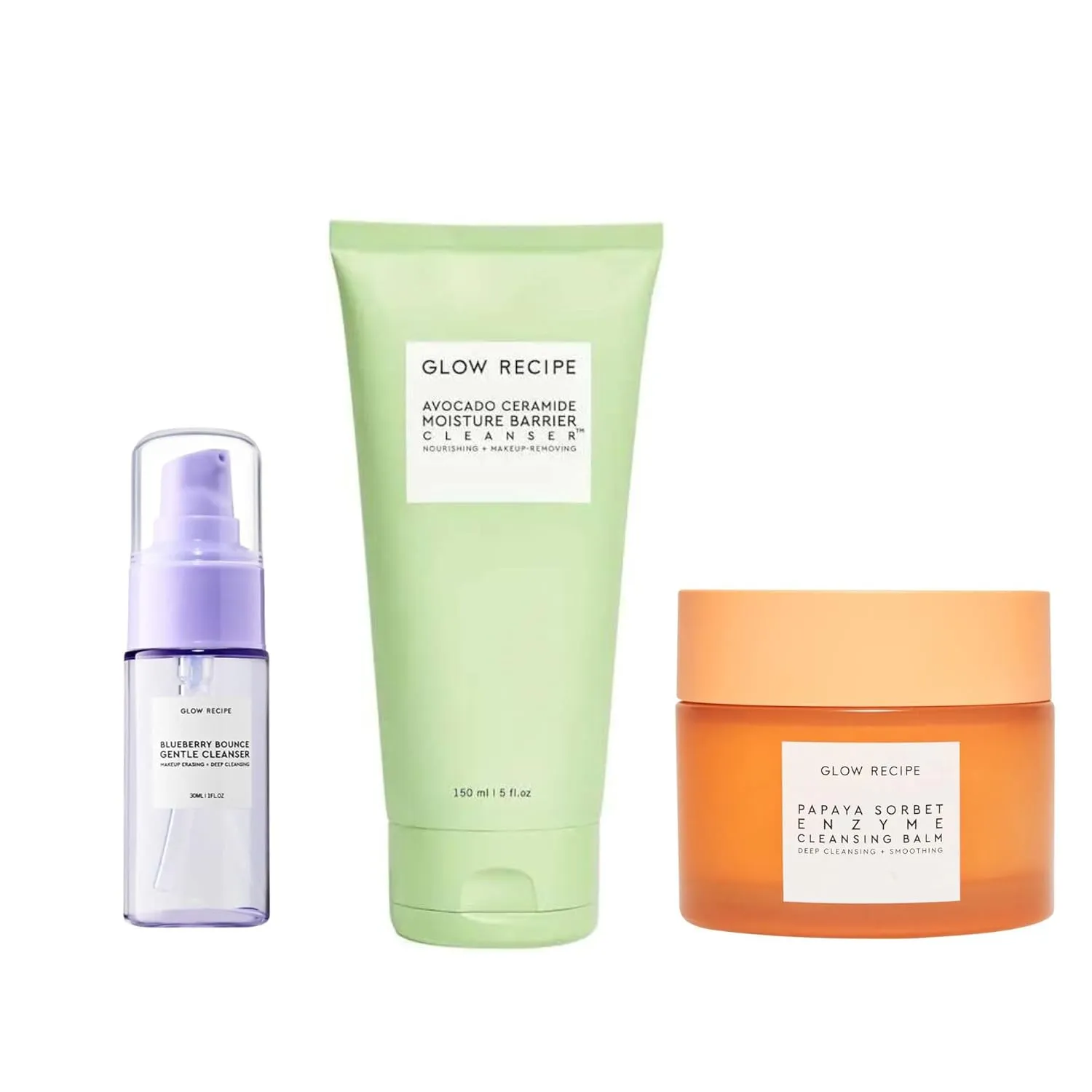 Glow Recipe Triple Cleanse Trio - Blueberry Gentle Cleanser Mini Gentle Cleanser (30ml)   Avocado Moisture Barrier Cleanser (150ml)  Papaya Cleansing Balm (100ml)