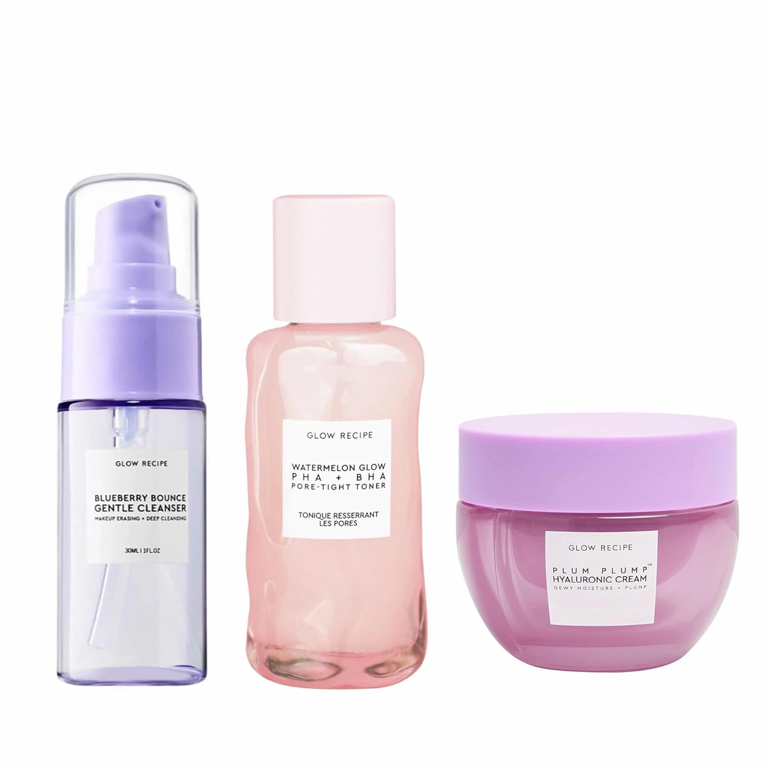 Glow Recipe Blueberry Bounce Gentle Face Cleanser (30 ml)   Watermelon Glow PHA   BHA Facial Toner & Pore Minimizer (40 ml)   Plum Plump Hyaluronic Acid Face Cream (20 ml) - Travel Friendly