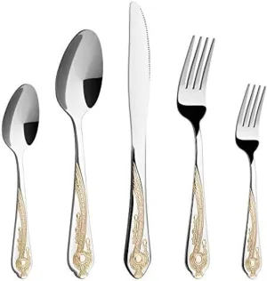 Gold Silverware Set, 20 Piece Stainless Steel Golden Flatware Set for 4, Silver Tableware Set with 24K Gold-Plated Trim, Eating Utensils, Great for Family Gatherings & Daily Use(Prestige)