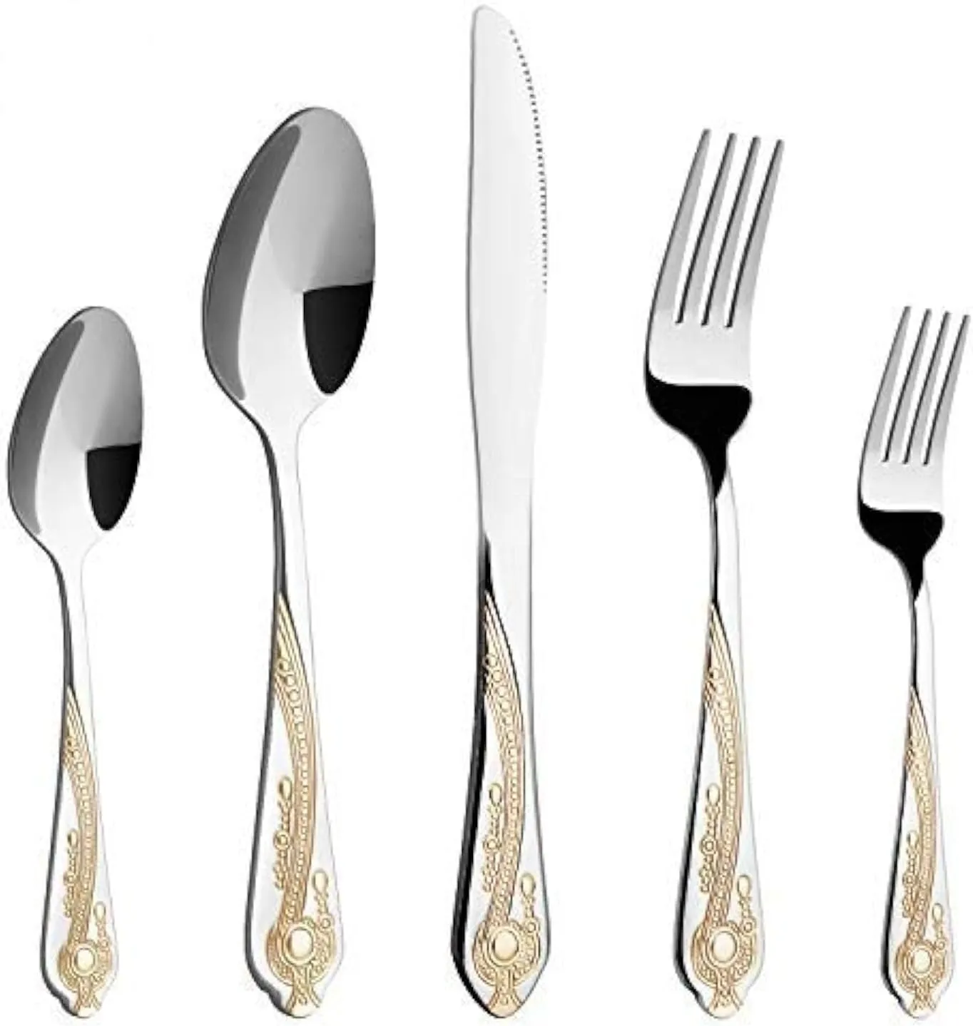 Gold Silverware Set, 20 Piece Stainless Steel Golden Flatware Set for 4, Silver Tableware Set with 24K Gold-Plated Trim, Eating Utensils, Great for Family Gatherings & Daily Use(Prestige)