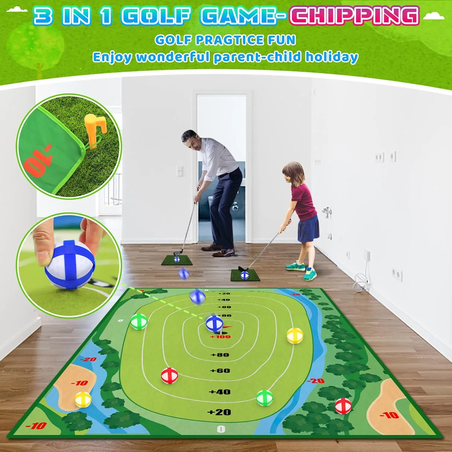Golf Chipping Game - Upgrade Indoor Velcro Golf Chipping, Perfect Outdoor Games for Kids Golf Game & Practice（Green）