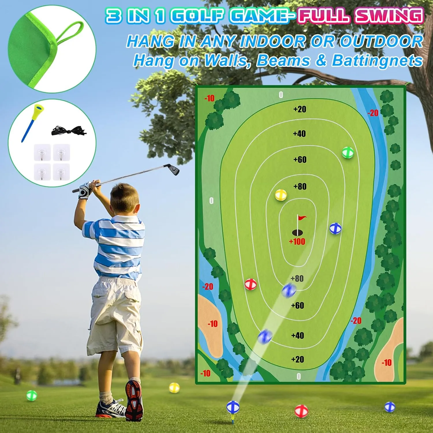 Golf Chipping Game - Upgrade Indoor Velcro Golf Chipping, Perfect Outdoor Games for Kids Golf Game & Practice（Green）