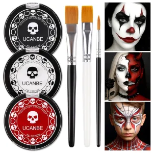 Goth White Foundation   Black Red Face Body Paint for Halloween Makeup, Face Painting Kit with Brushes Facepaint Set for Kids Adults Clown Vampire Skull SFX Make Up Costume Cosplay Party Theater Stage