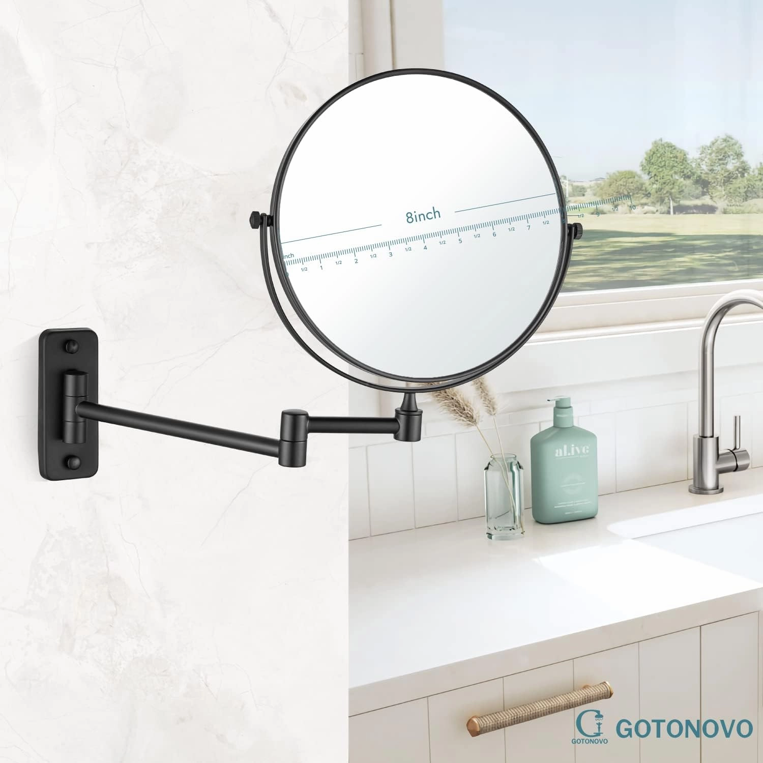 gotonovo Wall Mounted Magnifying Mirror Pivoting Arm Double Sided Swivel Makeup Vanity Black Telescoping Handheld Mirror 8 Inch Magnification Square Base
