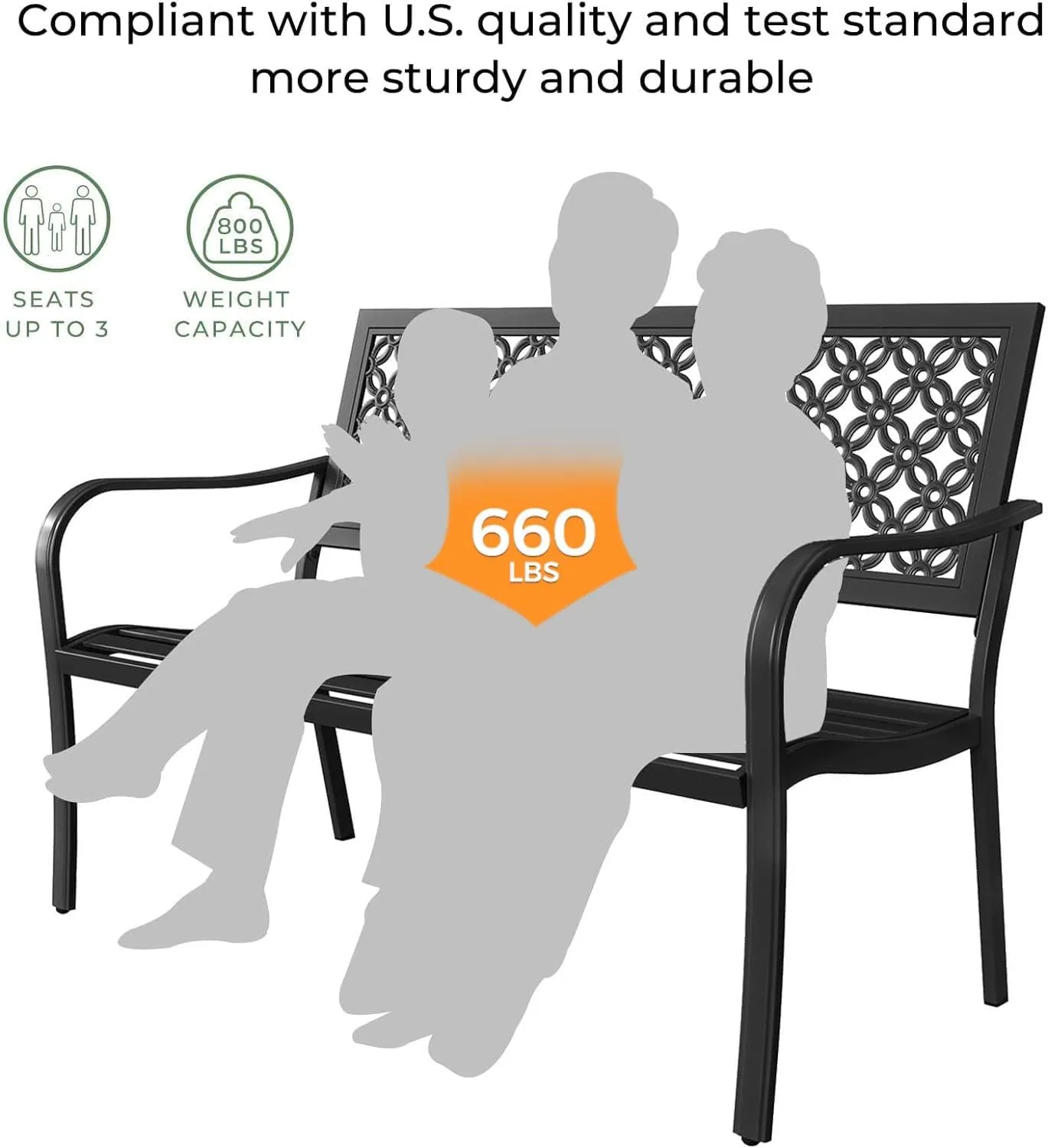 Grand patio Outdoor Bench, Garden Benches with Anti-Rust Metal Powder Coated Frame, Patio Bench for Front Porch Park Outside Furniture Decor, Black