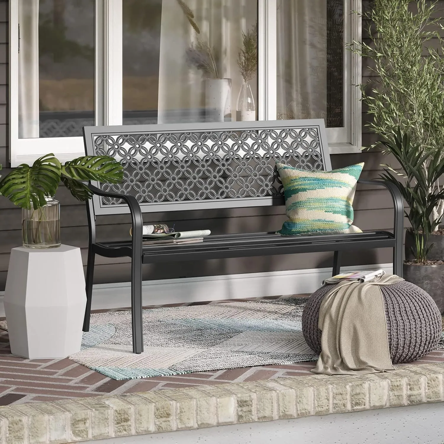 Grand patio Outdoor Bench, Garden Benches with Anti-Rust Metal Powder Coated Frame, Patio Bench for Front Porch Park Outside Furniture Decor, Black