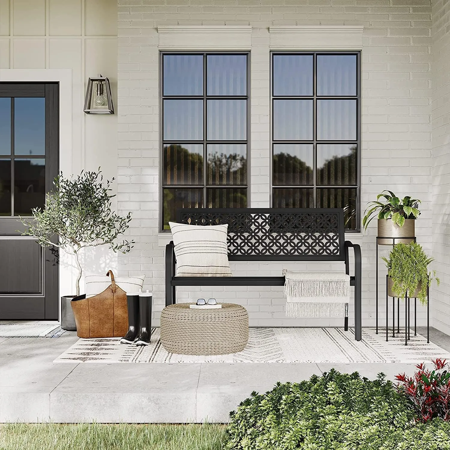 Grand patio Outdoor Bench, Garden Benches with Anti-Rust Metal Powder Coated Frame, Patio Bench for Front Porch Park Outside Furniture Decor, Black