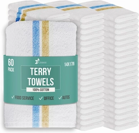 GREEN LIFESTYLE Multipurpose Terry Towels (Blue & Orange Striped, White), ComfortFeb Bar Towels - 14'x17', Durable and Absorbent, Cotton - Pack of 60