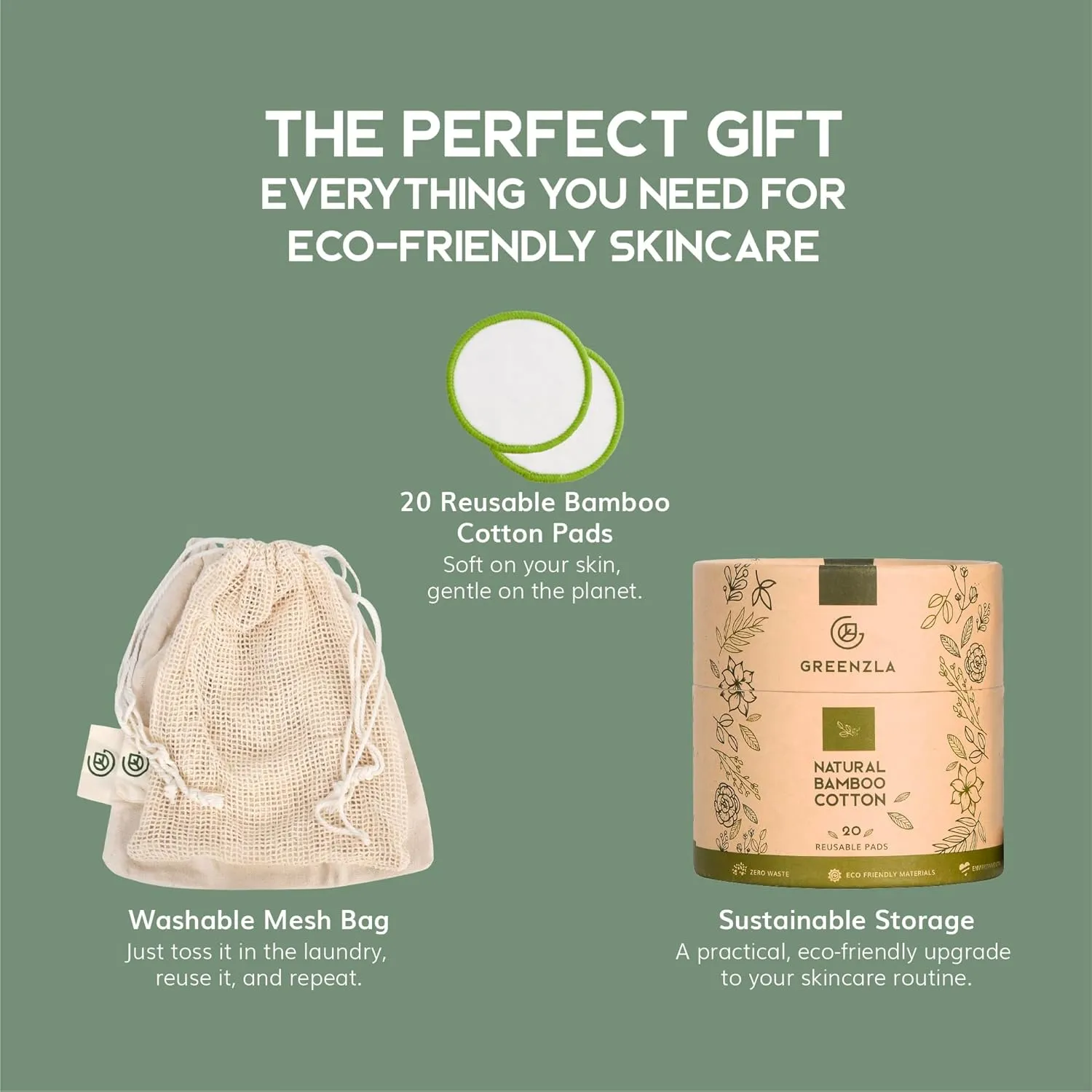 Greenzla Reusable Makeup Remover Pads, Washable Bamboo Cotton Rounds with Mesh Laundry Bag, Travel Pouch, Pad Holder - Reusable Cotton Rounds for All Skin Types - Perfect for Face Care, 20 Pack
