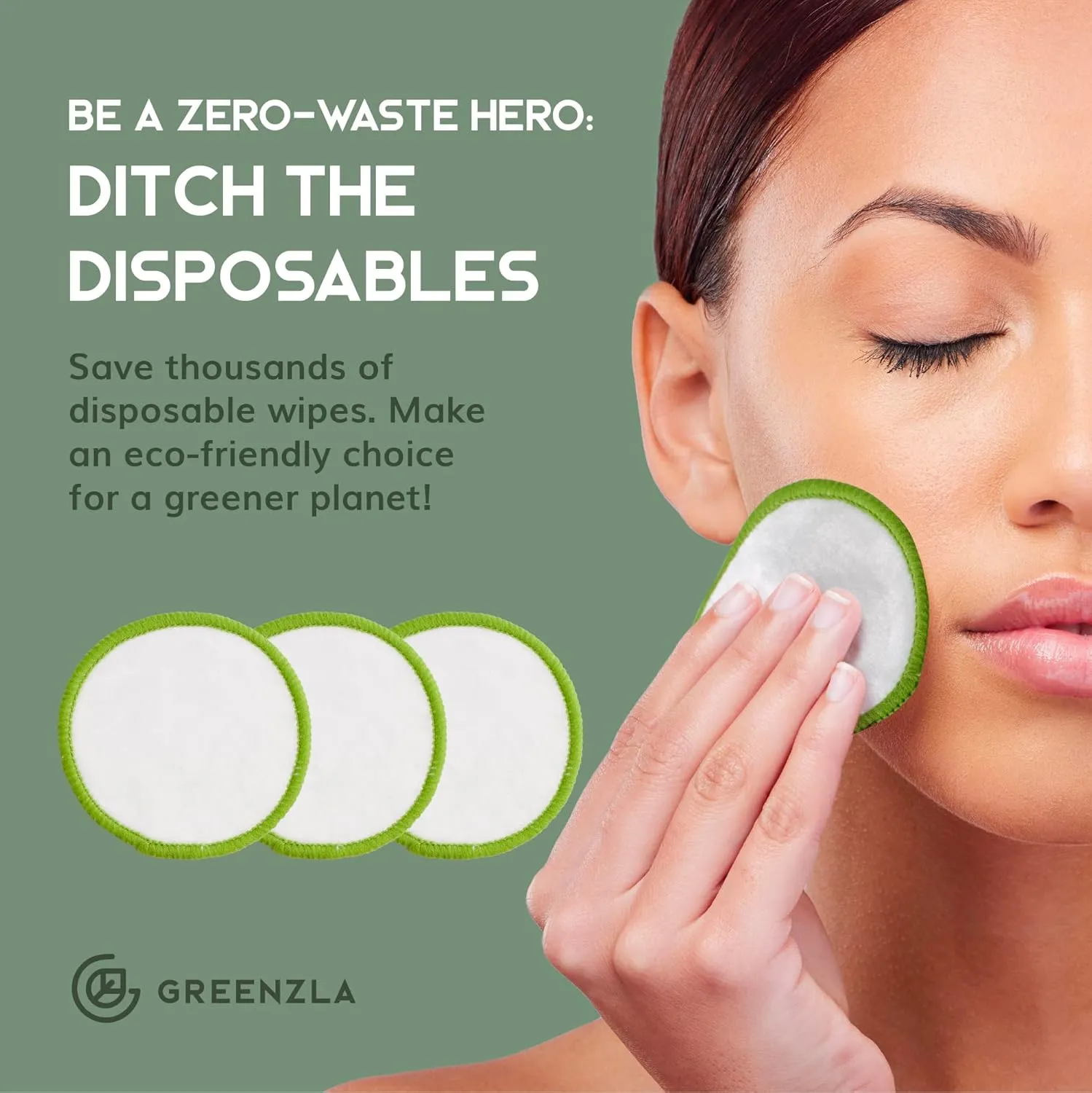 Greenzla Reusable Makeup Remover Pads, Washable Bamboo Cotton Rounds with Mesh Laundry Bag, Travel Pouch, Pad Holder - Reusable Cotton Rounds for All Skin Types - Perfect for Face Care, 20 Pack
