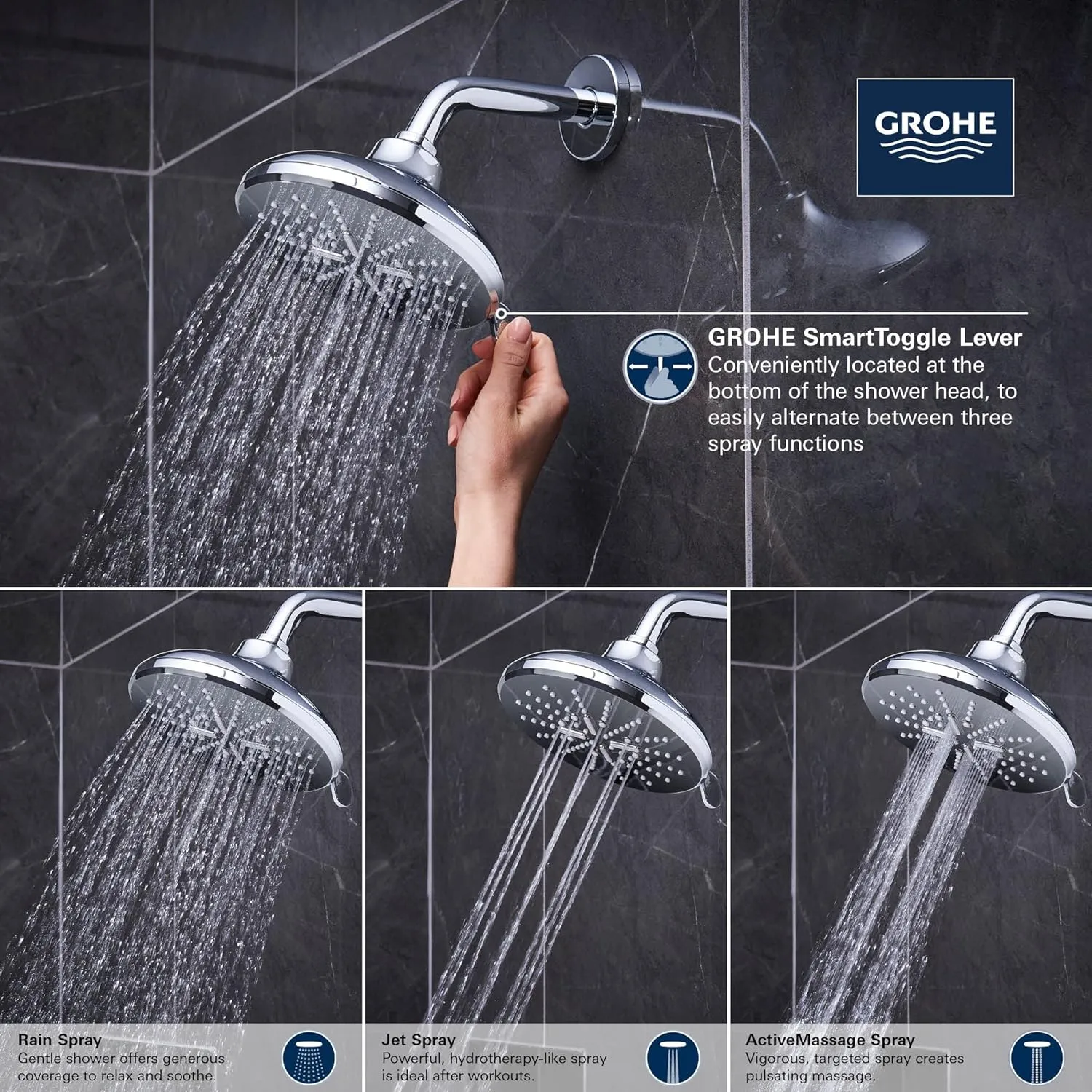 GROHE 267892430 Rainshower SmartActive 6.5" Showerhead 1.75 GPM, 3 Sprays, Matte Black